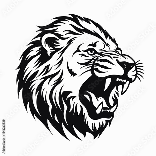 Lion head vector illustration roaring majestic animal predator feline wild black and white art design silhouette