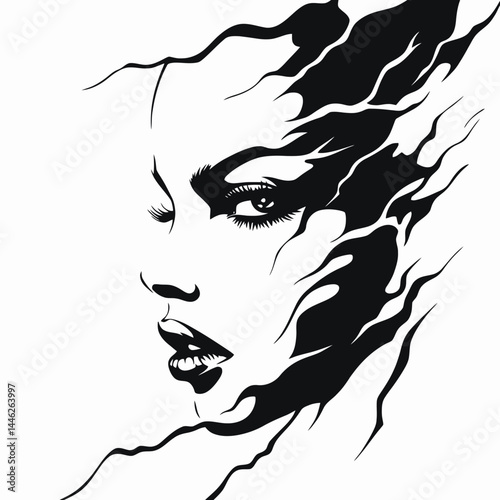 Abstract woman face portrait art black and white drawing illustration design beauty female model graphic style silhouette