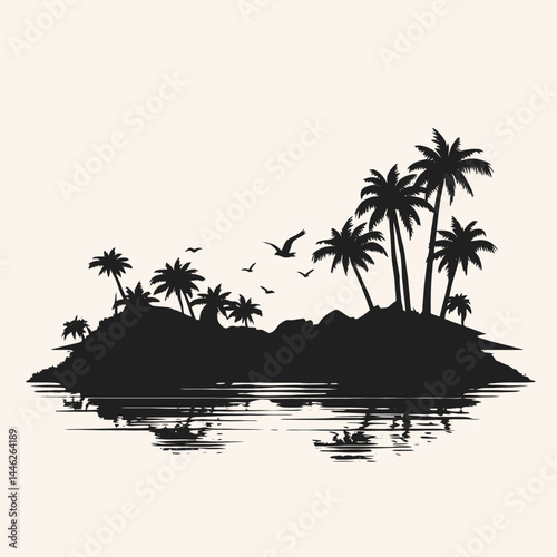 Tropical island palm trees sunset beach ocean silhouette vector illustration vacation paradise travel design