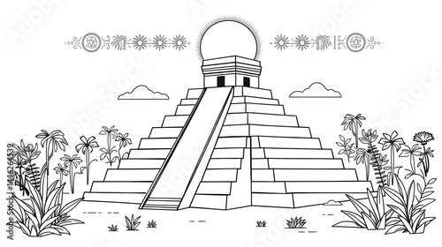 A geometric interpretation of the Uxmal pyramid surrounded by Aztec glyphs and stylized jungle elements, drawn in a minimalist style