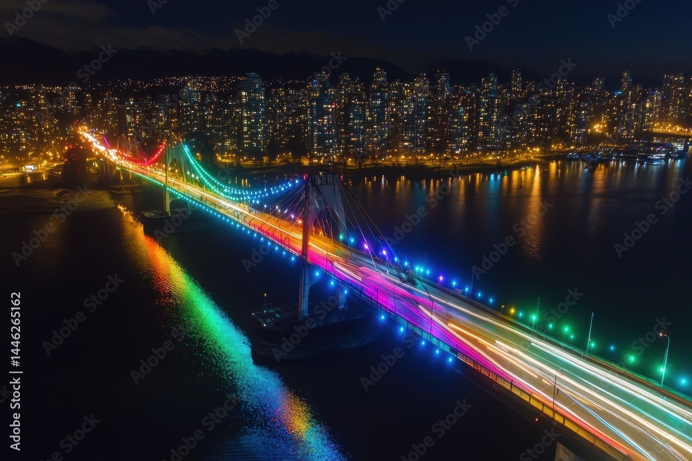 Fototapeta premium Nighttime hyperlapse of vibrant light trails crossing Cambie Bridge in Vancouver, Aerial night hyper-lapse of light trails on Cambie Bridge in Vancouver, Canada