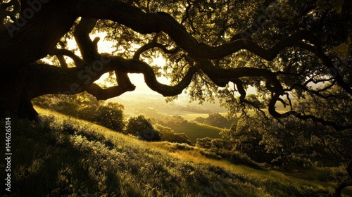 Large tree with winding branches overlooks a peaceful green valley