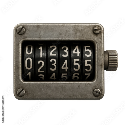 Vintage industrial four-digit counter crafted from distressed metal, displaying zero on its number wheels.