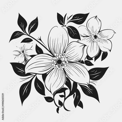 Floral vector flowers blossom petals bloom botanical garden nature spring summer black white illustration art silhouette