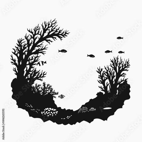 Aquarium fish coral reef marine life ocean sea underwater black white silhouette illustration design