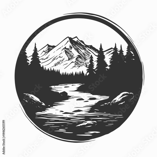 Mountain landscape river trees forest nature outdoor adventure scenic peak travel trekking hike sketch art 100 silhouette