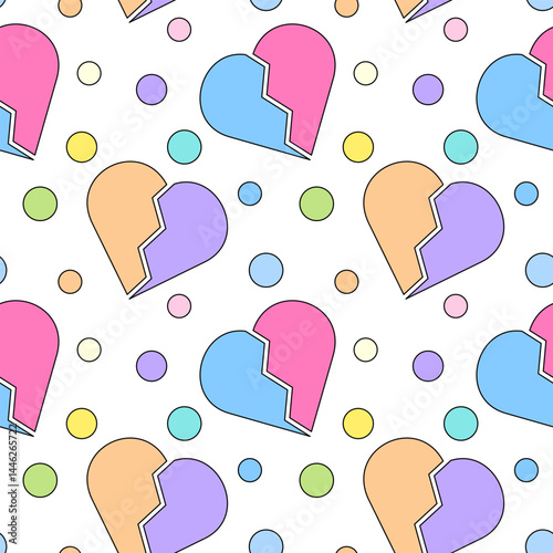 Playful seamless pattern featuring broken hearts and confetti dots in soft pastel of different tones on a white background. Perfect for romantic designs, wrapping paper, notebook covers, baby items.