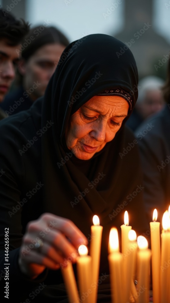 An elderly woman in a black chador lights candles at dusk, her grief-stricken eyes reflecting the flickering flames as she engages in a solemn moment of remembrance.