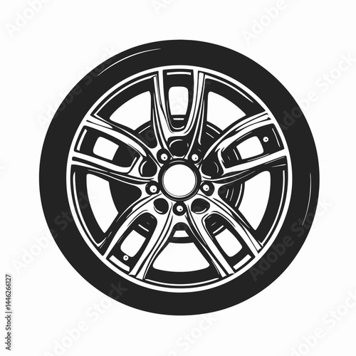 Isolated tire wheel car auto vehicle automotive transport rim rubber design black round alloy style silhouette