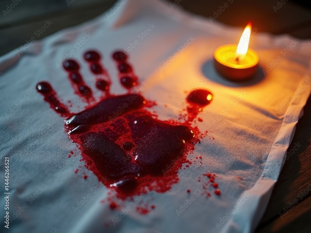 Close-up of a bloodied handprint on white cloth, with dark red droplets pooling beside it, illuminated by the warm glow of a flickering oil lamp.