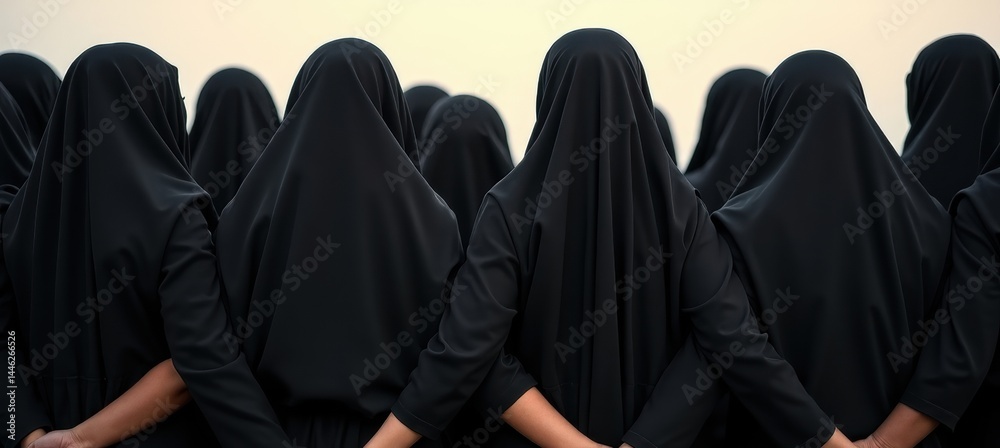 A group of women dressed in black chadors forms a circle, holding hands and bowing their heads in shared grief, illuminated by pale moonlight at night.