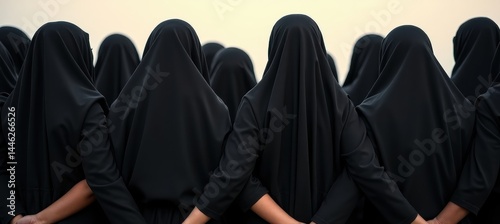 Obraz na płótnie A group of women dressed in black chadors forms a circle, holding hands and bowing their heads in shared grief, illuminated by pale moonlight at night. w salonie