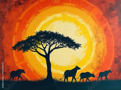 Silhouetted figures of animals roam beneath a striking orange and yellow sunset in Africa, reflecting a serene atmosphere filled with natural beauty.