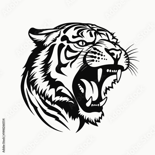 Tiger head roaring illustration vector graphic design animal predator feline wildcat black and white art silhouette