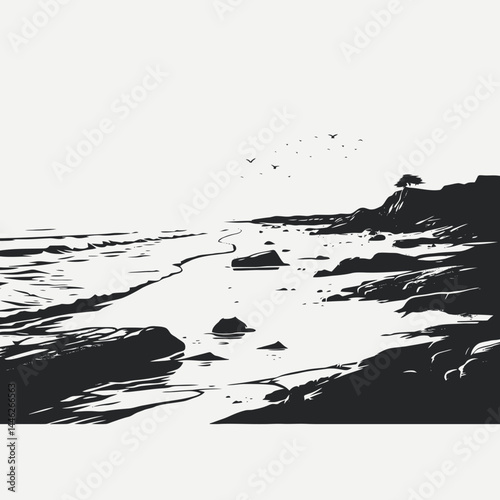 Beach landscape ocean sea coast shoreline water rocks nature seascape scenery black white shore art silhouette