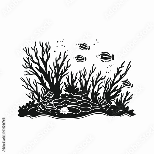 Coral reef ocean fish sea underwater marine life aquatic nature wildlife black white illustration graphic art silhouette