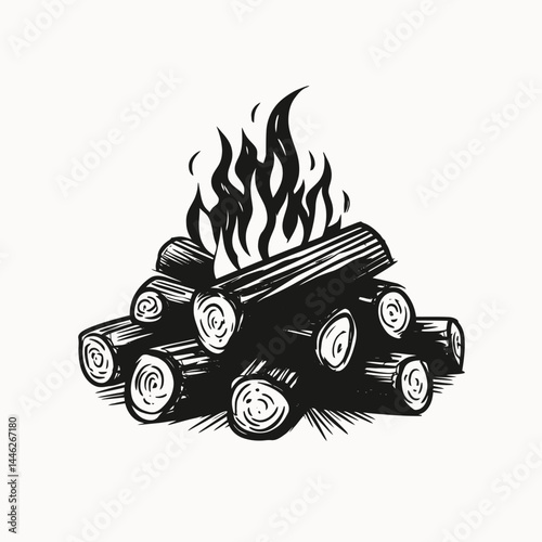Illustration of bonfire campfire fire wood logs flame burning heat warm outdoor nature adventure camping silhouette