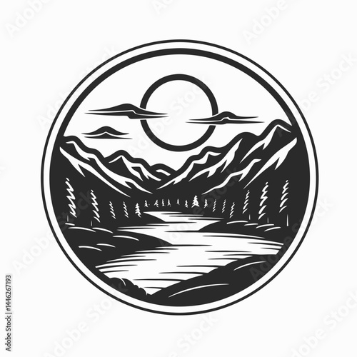 Mountain landscape river trees sun clouds nature scenic outdoors adventure travel peak valley view circle silhouette