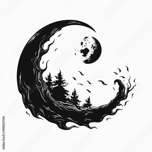 Moon night forest trees birds silhouette crescent spooky vector illustration graphic design art drawing