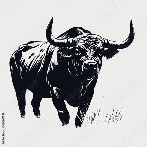 Illustration of a black bull animal bovine mammal cattle horns wildlife nature farm art vector design silhouette