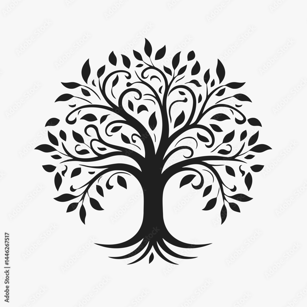 Obraz premium Tree of life black silhouette vector illustration design nature symbol leaves branches roots concept art