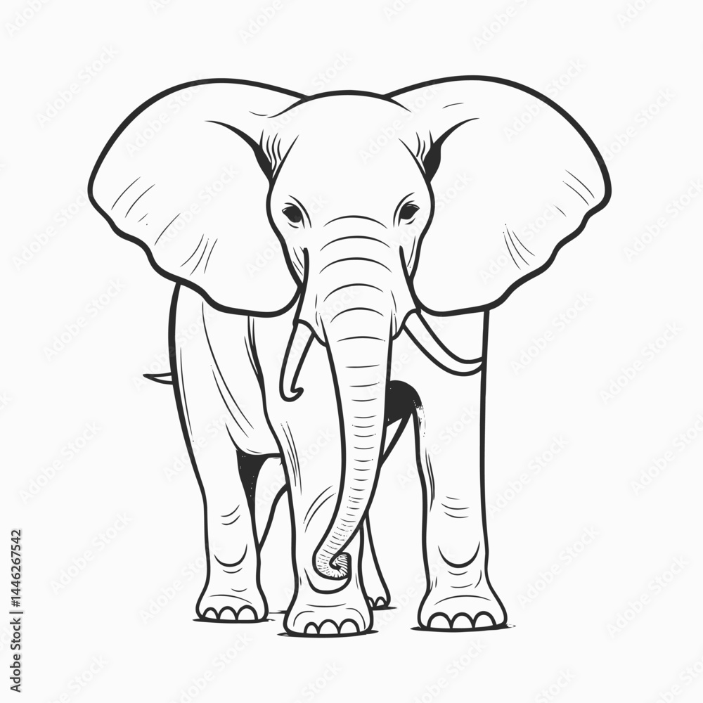 Naklejka premium Elephant outline drawing animal illustration african wildlife mammal zoo safari big tusks trunk ears silhouette