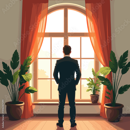 Groom Standing by the Window, Contemplating Life, Indoor Setting  