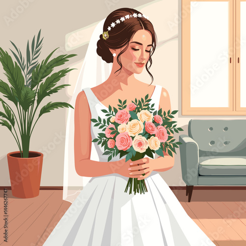 Bride holding bouquet of roses and eucalyptus in a bright room  