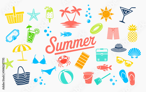 Colorful summer vacation icons collection featuring beach elements perfect for seasonal marketing campaigns and holiday promotional materials. SVG, vectors