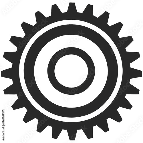 Zahnradsymbol mit doppelt konzentrischen Kreisen und schwarzen Zähnen, stilisiert im technischen Design