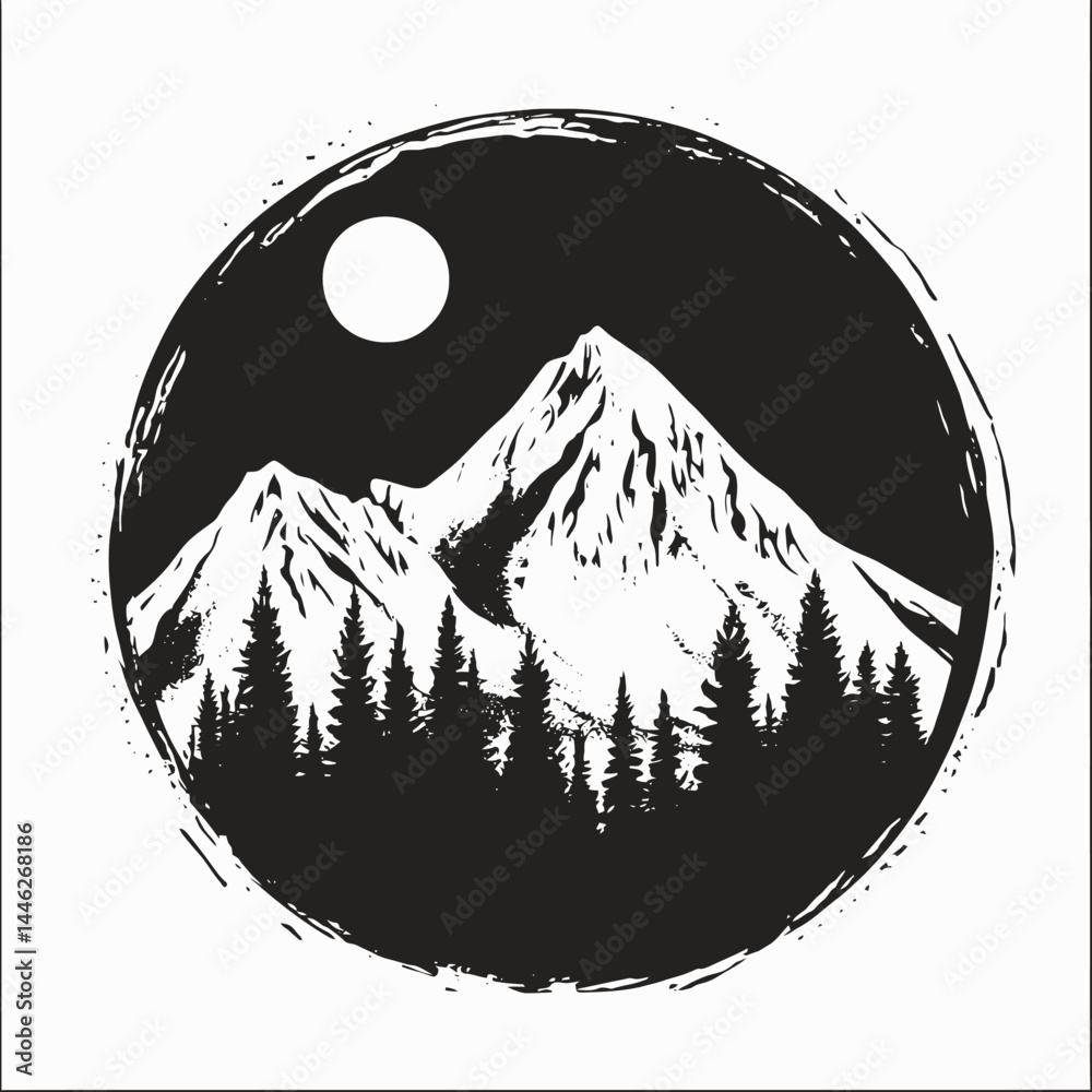 Fototapeta premium Mountain landscape moon forest trees nature outdoors adventure travel scenic peak black white circle art silhouette