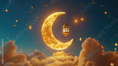 Golden crescent moon hangs above fluffy clouds with lantern