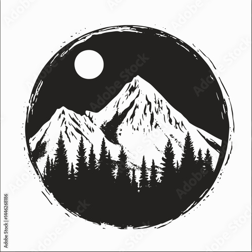 Mountain landscape moon forest trees nature outdoors adventure travel scenic peak black white circle art silhouette