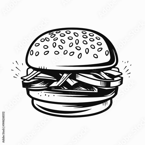 Burger food illustration delicious fastfood sandwich restaurant tasty meal outline drawing monochrome art silhouette