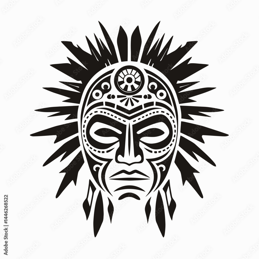 Fototapeta premium Tribal mask vector illustration african ethnic face design black and white art headdress ornament tattoo silhouette