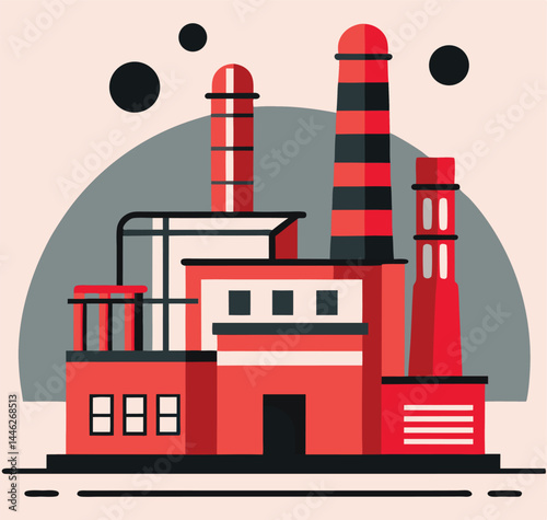 Bold architectural shapes portray a red and white factory with smokestacks under dark orbs