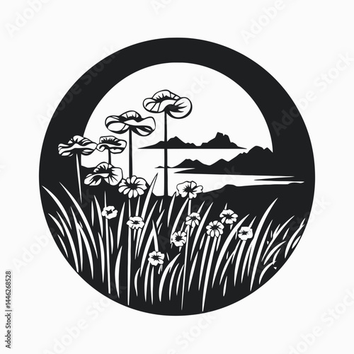 Black and white floral landscape design with flowers grass mountains and lake in circle silhouette art