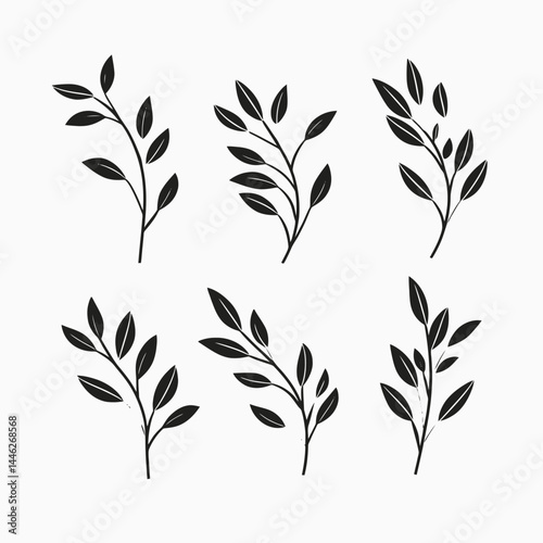 Black leaves vector branches foliage design elements botanical nature art illustration decorative graphic set silhouette