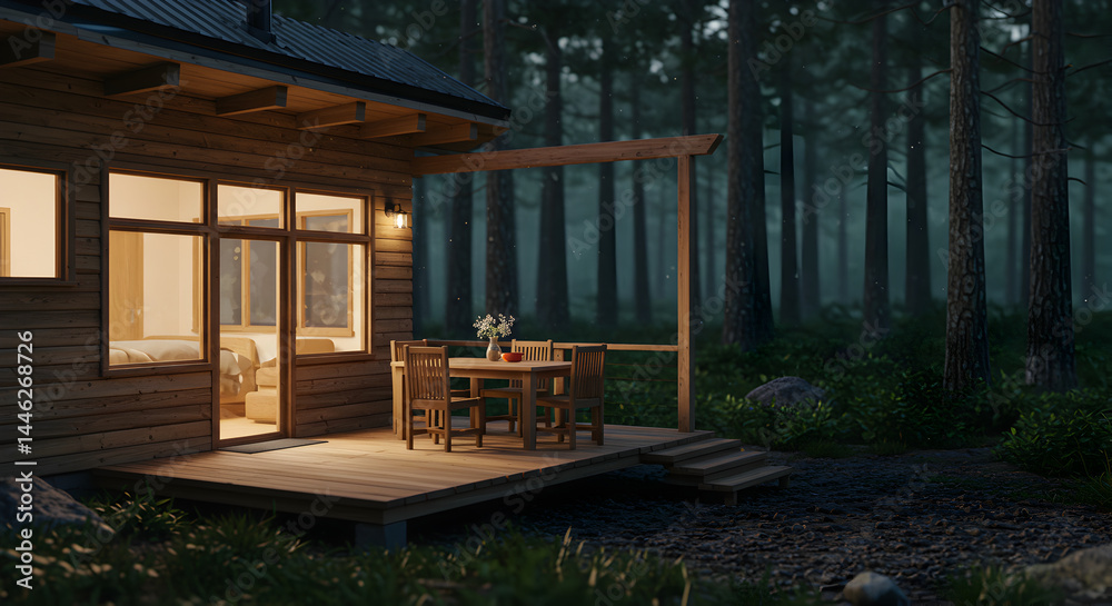 Fototapeta premium Cozy Cabin Retreat At The Edge Of A Forest On A Misty Evening