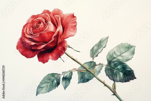 Exquisite watercolor painting of a single red rose delicate petals vibrant green leaves soft light