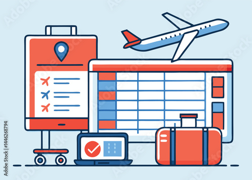 Plane flies near schedule, laptop, and baggage for vacation arrangement in a flat style