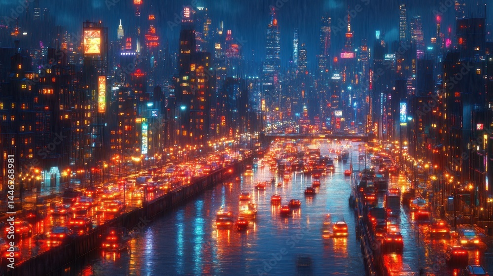Obraz premium Futuristic city at night, vibrant lights, busy streets