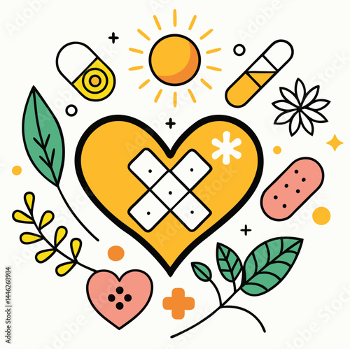 Injured yellow heart gets bandaged amongst floral and medical icons on a white background