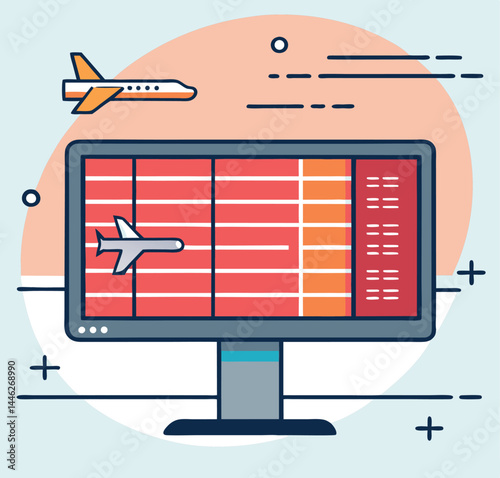 A grey computer displays flight arrival information with an airplane flying above the screen