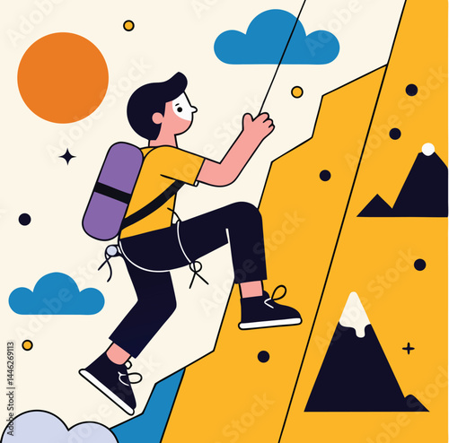 Climbing enthusiast with backpack navigates rocky terrain with a rope under an orange sun