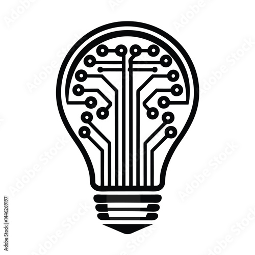 Bulb with Circuitry Pattern, TechnologyInspired Symbol, Innovative Design, Black and White