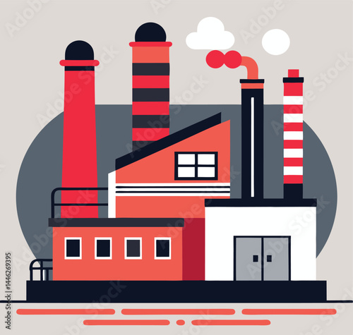 Illustrated factory features tall chimneys with some emitting clouds, displayed in a simple flat style