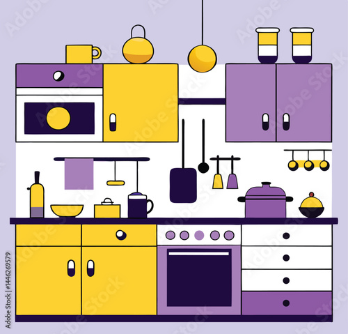 Colorful modular kitchen featuring yellow, purple, and white cabinets stands against a light backdrop