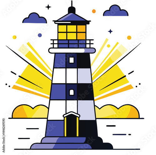 A striped lighthouse stands tall amidst celestial skies with radiating beams, presented on a white background