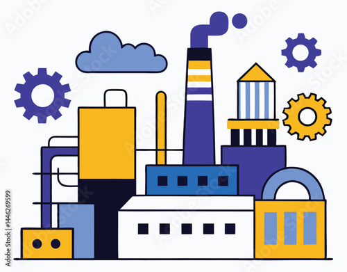 Colorful cartoon industrial building has blue clouds and gears floating nearby, on white